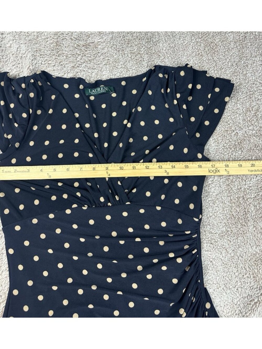 Lauren Ralph Faux Wrap Dress Size 8 Navy Blue & Tan Polka Dot Flutter Sleeves - Picture 7 of 11